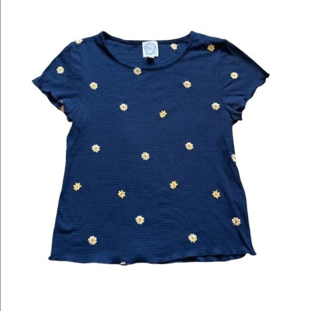 Blue Rain Embroidered Sunflower‎ Baby Tee Navy Blue Size: Small